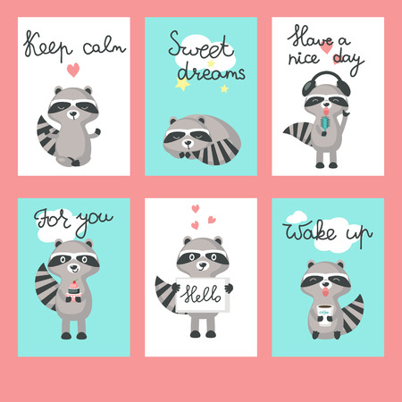 Cute raccoon cards. Vector template set with funny raccoons holding cake, microphone, hearts, cup of coffee and Keep calm, Sweet dreams, Have a nice day, For you, Hello, Wake up calligraphy text.のイラスト素材