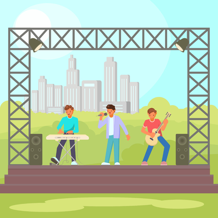 Vector illustration of musicians keyboardist, guitarist and singer performing on outdoor concert stage. Open-air concert, music festival concept flat style design element.のイラスト素材
