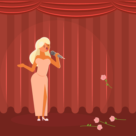 Vector illustration of theater or singer woman singing on stage with red curtains. Flat style design.のイラスト素材