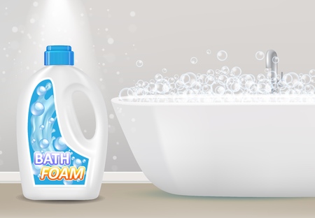 Vector illustration of bath foam bottle and bathtub with soap bubbles. Plastic bath foam bottle packaging with label realistic mock up. 3d bath foam poster, banner, flyer design template.のイラスト素材