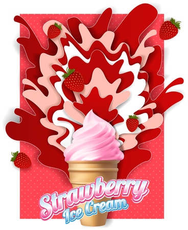 Vector paper cut strawberry ice cream posterのイラスト素材