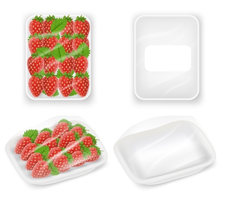 Strawberries tray package vector realistic mockupsのイラスト素材