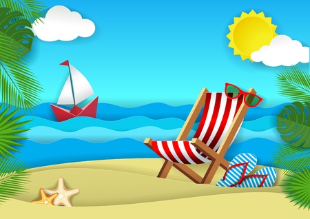 Summer beach vector paper cut illustration. Ocean beach with chaise lounge, flip-flops, sunglasses, palm leaves, starfish, boat floating on water. Summer vacations concept for poster, banner, card.のイラスト素材