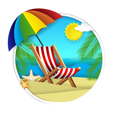 Summer beach vector paper cut illustration. Ocean beach with chaise lounge, tropical palm leaves and starfish in circle. Beach holidays concept for poster, banner, summer card.のイラスト素材