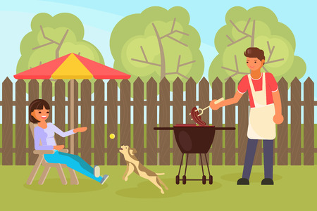 Family couple having backyard bbq. Woman playing with pet dog while sitting on chair and man cooking meat on barbeque grill. Vector flat style design illustration.のイラスト素材