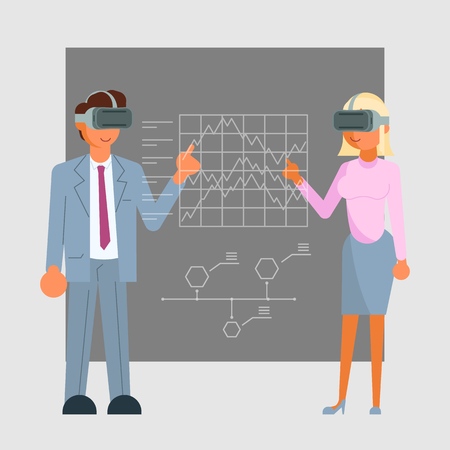 Virtual reality technology concept vector illustration. Business people man and woman wearing virtual reality glasses standing next to chalkboard and pointing at business finance graphs on it.のイラスト素材