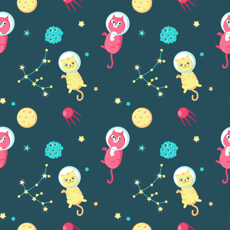 Cute cats in outer space vector seamless pattern. Creative design for fabric, textile, wallpaper, wrapping paper.のイラスト素材