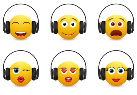 Music emoji icon set. Vector illustration of emoticons wearing headphones isolated on white background.のイラスト素材