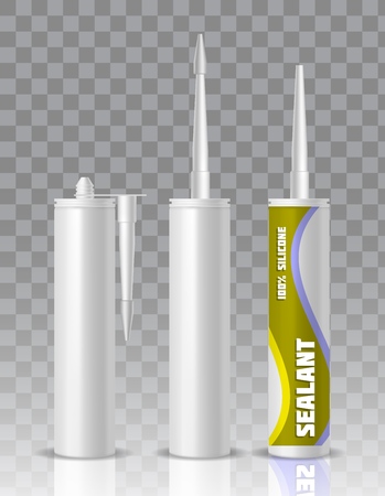 Silicone sealant packaging container tube with nozzle mock up set. Vector realistic illustration isolated on transparent background.のイラスト素材