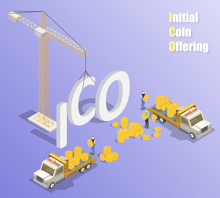 Initial coin offering mechanism of selling newly issued tokens in exchange for established cryptocurrencies. Vector isometric tower crane and trucks with ico tokens and bitcoin litecoin ether coins.のイラスト素材