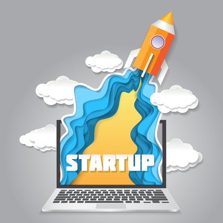 Vector origami rocket launch. Startup new business concept paper art style illustration.のイラスト素材