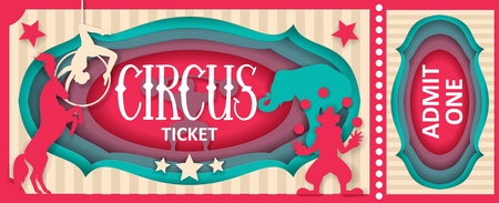 Circus admit one ticket vector paper cut template with aerial acrobatic, animal show, clown juggler.のイラスト素材