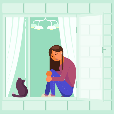 Depressed girl on window sill vector flat designのイラスト素材