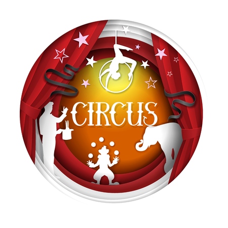 Circus poster banner design template. Vector paper cut circus arena decorations with aerial acrobatic, magician, trained elephant, clown juggler show in circle frame.のイラスト素材