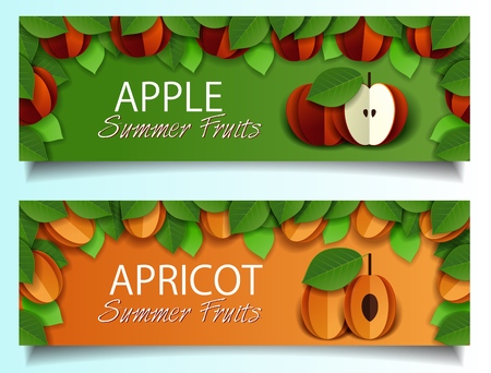 Vector set of fruit banners with paper cut ripe fresh red apple and apricot summer fruits.のイラスト素材