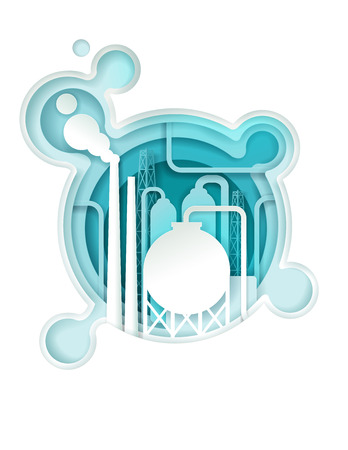 Chemical industry poster banner template. Vector illustration in paper art style. Chemical plant pipe with huge cloud of acid.のイラスト素材