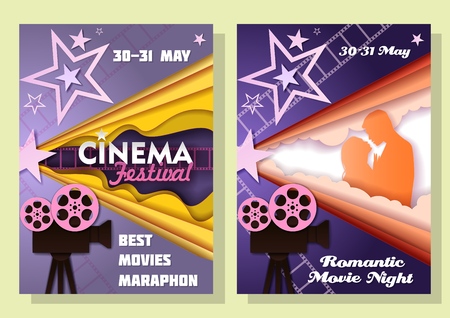 Vector cinema festival posters in paper art styleのイラスト素材