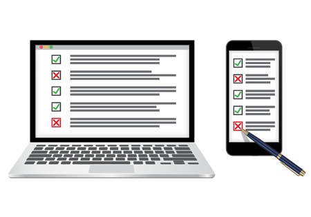 Laptop and mobile with checkboxes filled with check marks. Vector illustration isolated on white background. Online survey, checklist concept.のイラスト素材