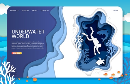 Vector paper cut underwater world landing page website templateのイラスト素材