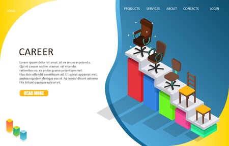 Business career landing page website template. Vector isometric illustration of career ladder with different kinds of chairs from stool to boss office chair on top.のイラスト素材