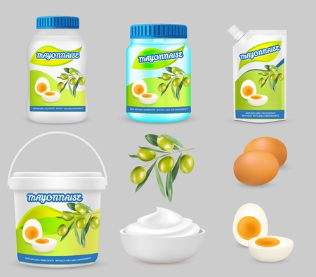 Mayonnaise package vector illustration. Mayonnaise in glass jar, plastic pouch doypack bag and bucket with caps, sauce in bowl, eggs, olives. Food product packaging with label mockup set.のイラスト素材