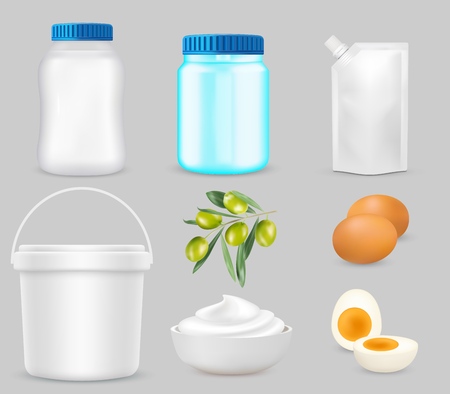 Mayonnaise package mockup set. Vector realistic isolated illustration of blank glass jar, plastic pouch doypack bag and bucket with caps, sauce in bowl, eggs, olives. Food product packaging.のイラスト素材