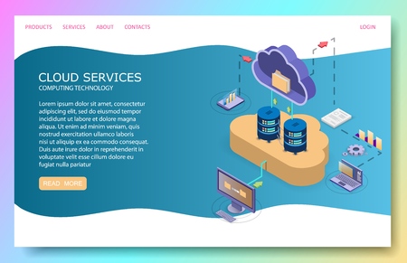 Cloud services landing page website template. Vector isometric illustration. Cloud storage and file sharing services concept with desktop pc, laptop mobile servers connected to cloud with file folder.のイラスト素材