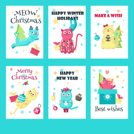 Vector set of Christmas cards with cute cats, gift boxes, christmas trees, balls, holly berries and holiday greetings. Funny cats wearing xmas tree lights and deer antler headband.のイラスト素材