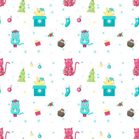 Vector seamless pattern with gift boxes, holly berries, xmas trees, balls, socks and cute cats with christmas tree lights. Christmas cats background, wallpaper, fabric, wrapping paper.のイラスト素材