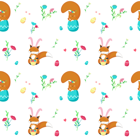 Vector seamless pattern with cute Easter fox and squirrel with eggs, spring flowers, hearts, wearing bunny ears headband and floral wreath. Easter animals background, wallpaper, fabric, wrapping paperのイラスト素材