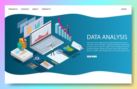 Data analysis landing page template for website and mobile site development. Vector isometric people interacting with charts and analyzing statistics diagrams. Data analytics web page concept.のイラスト素材