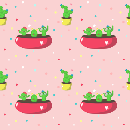 Vector seamless pattern with kawaii cactus plant cartoon characters in flowerpots. Cute cacti background, wallpaper, fabric, wrapping paper.のイラスト素材