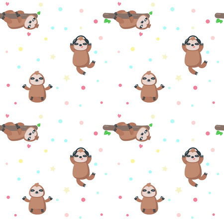 Vector seamless pattern with cute sloths hanging upside down from tree branch, sitting in yoga position, listening to music. Funny sloth background, wallpaper, fabric, wrapping paper.のイラスト素材