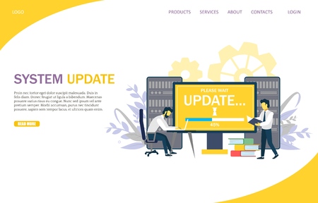 System update vector website template, web page and landing page design for website and mobile site development. Software installation, computer upgrade or maintenance concept.のイラスト素材