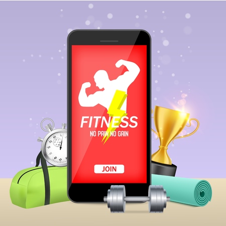 Smart phone with bodybuilder on screen and gym equipment around it, vector illustration. Fitness mobile application mockup concept.のイラスト素材