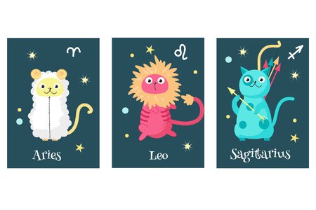 Vector set of cat astrology zodiac sign cards. Aries, Leo, Sagittarius astrological signs. Cat horoscope.のイラスト素材