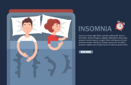 Insomnia vector web banner design template. Vector flat style design illustration. Adult man suffering from sleeplessness. Emotional health problems, sleep disorder concept.のイラスト素材