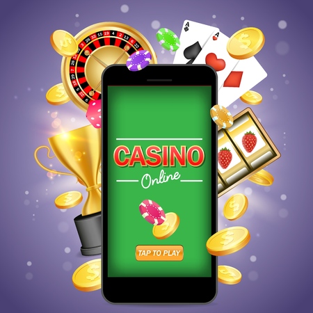 Online gambling vector poster banner design template. Smartphone, roulette wheel, playing cards, slot game, poker chips, dice, dollar coins, trophy cup. Poker mobile app, online mobile casino games.のイラスト素材