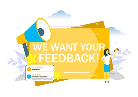 We want your feedback message, woman speaking through megaphone. Vector flat style design illustration for web banner, website page etc. Customer review, rating system concept.のイラスト素材