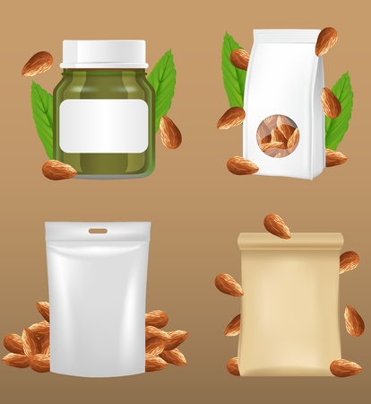 Almond nut snack package mockup set, vector realistic illustration. Glass jar, blank kraft paper foil snack packaging templates. Food doypack stand up flexible pouch sachet bag with zipper, hang slot.のイラスト素材
