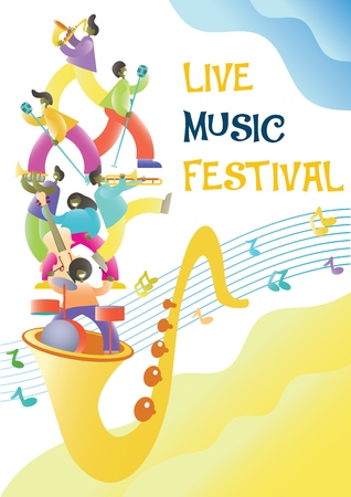 Live music festival vector promotional poster design template. Big saxophone with musicians playing musical instruments and singing. Jazz band concert.のイラスト素材