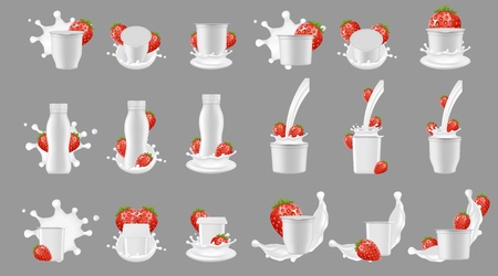 Strawberry yogurt package with splash mockup set. Vector realistic white blank plastic bottle cup container for dessert, yoghurt, fresh strawberry and milk splashing and pouring.のイラスト素材