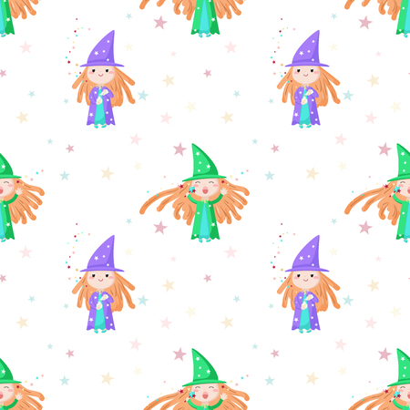 Vector seamless pattern with cute little enchantressesのイラスト素材