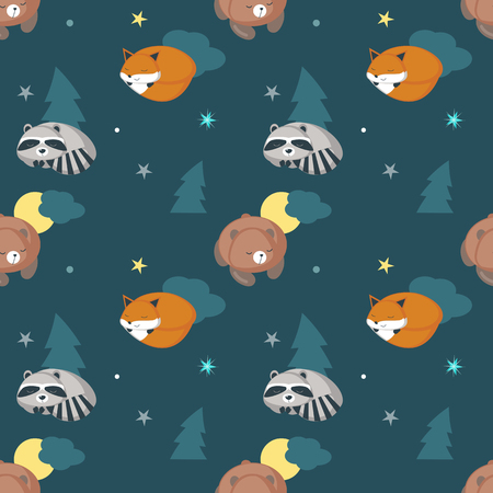 Vector seamless pattern with cute sleeping raccoon, fox and bear, night starry sky. Funny sleeping animals background, wallpaper, fabric, wrapping paper.のイラスト素材