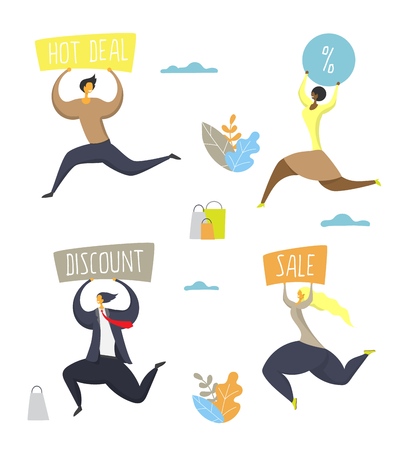 Men and women cartoon characters with promo signs. Vector flat illustration isolated on white background. People running with Hot deal, Discount, Sale banners in raised hands. Special offer promotion.のイラスト素材