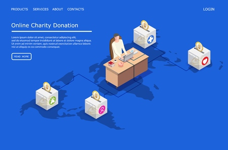 Online charity donation vector website landing page design templateのイラスト素材