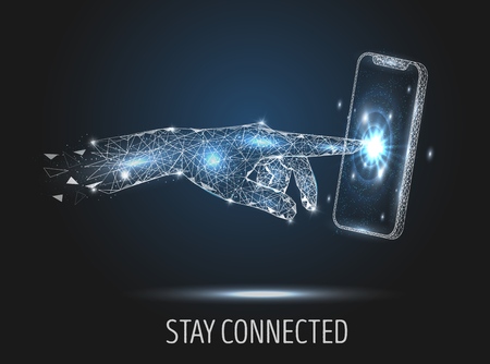 Stay connected vector poster banner design template. Human hand touching mobile phone screen, low...