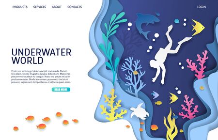 Underwater world vector website landing page design templateのイラスト素材