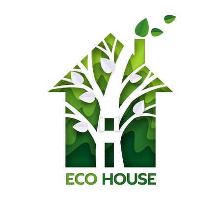 Eco green house, vector paper cut illustrationのイラスト素材