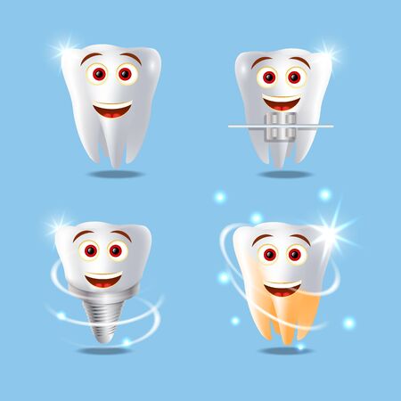 Funny human teeth set, vector isolated illustration. White brilliant healthy tooth, dental braces, implant and teeth whitening. Dental services concept for poster, banner etc.のイラスト素材